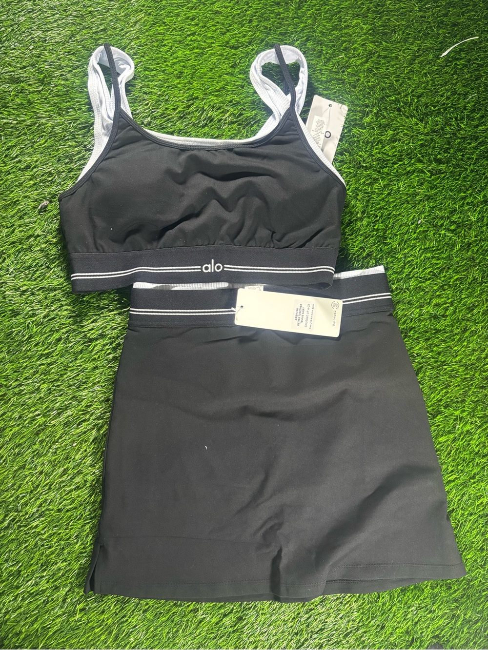 ALO Yoga Black & White Sports Bra and Skirt Set